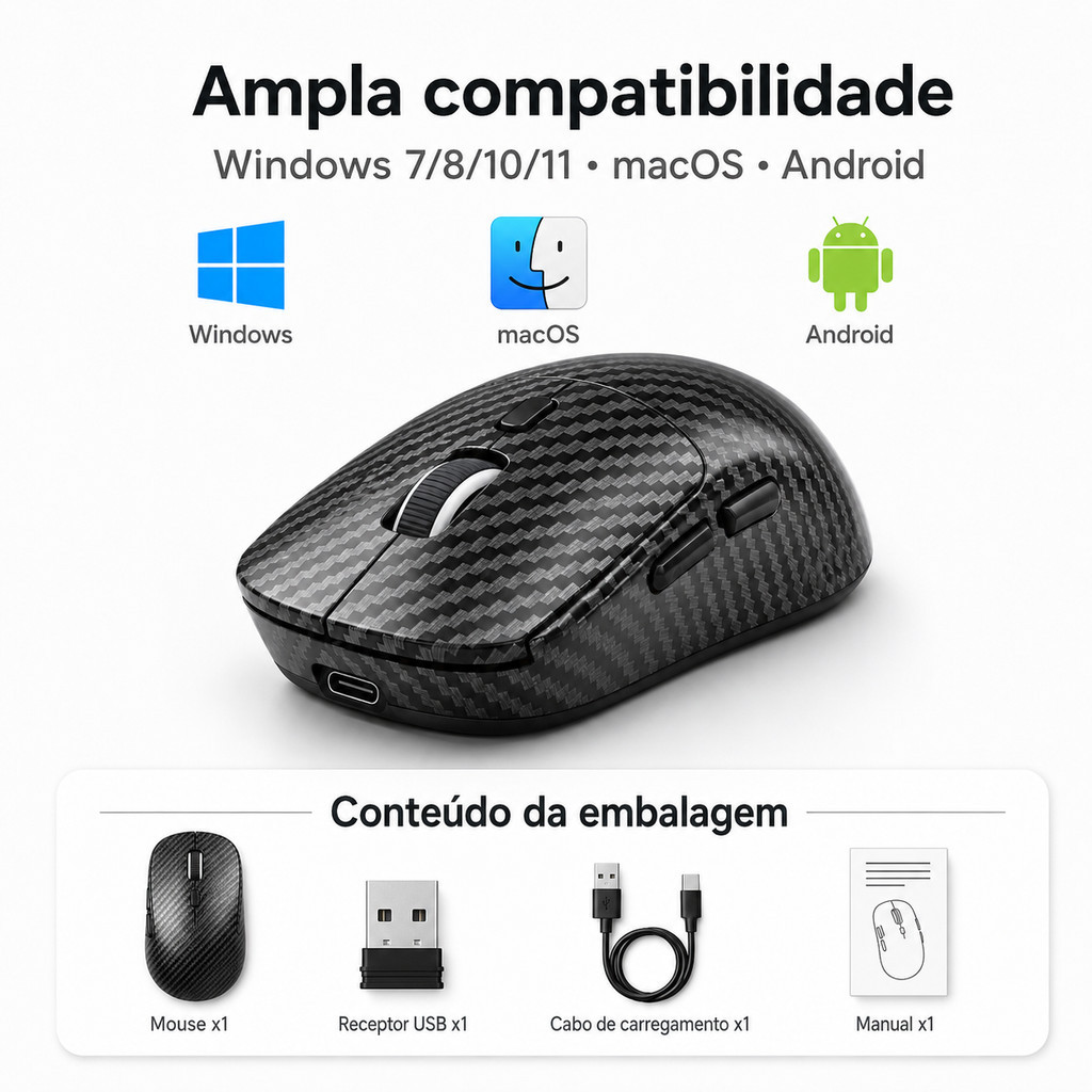 Mouse Bluetooth recarregável leve 50g, modo duplo 2.4G, com USB-C, portátil, adequado para Laptop, Tablet, computador e