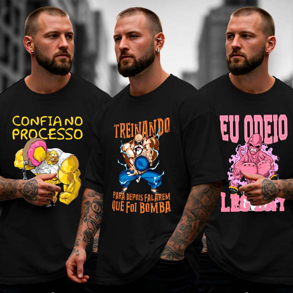 Kit 3 Camisetas Oversized Maromba Academia Street Premium Meme Bomba Treino Perna Odeio Leg Day
