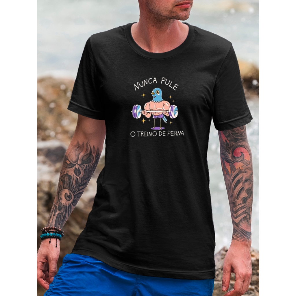Camiseta Masculina Slim 100% Algodão Estampada Nunca Pule o Treino de Perna Academia Treino Gym