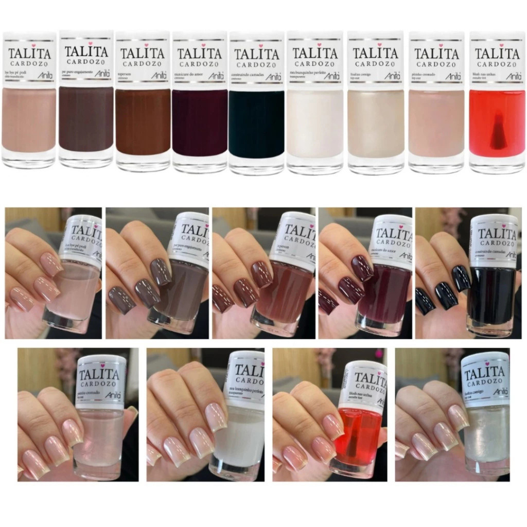 Kit 9 Esmaltes Anita Nova Coleção Talita Cardozo Tons Nude e Top Coat Finalização Lançamento