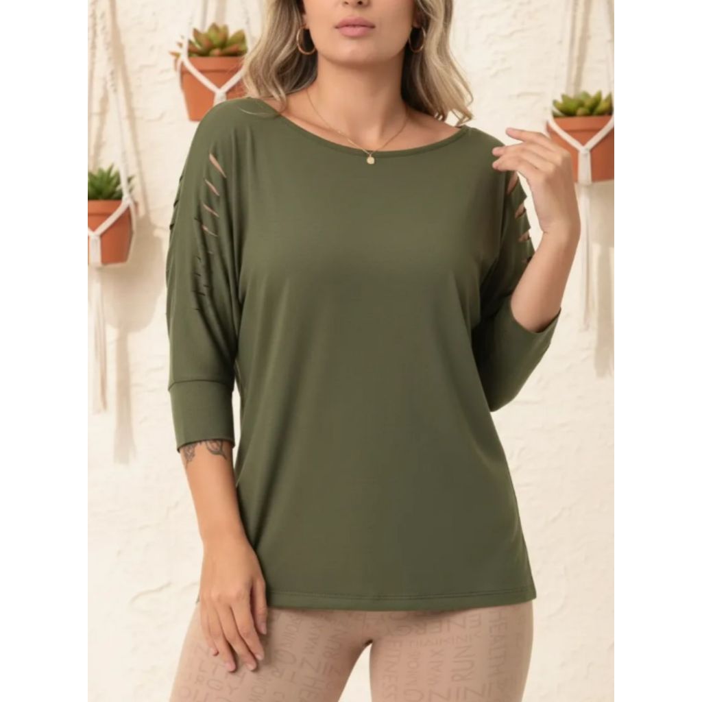 Blusa Feminina Talita Verde Militar Retalhada