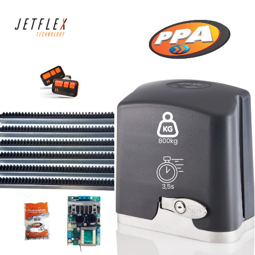 MOTOR DE PORTÃO RÁPIDO KIT DZ RIO R 800 JETFLEX 1/2 HP PPA + 2 CONTROLES STONE + 3M CREMALHEIRAS AÇO+ KIT INSTALAÇÃO