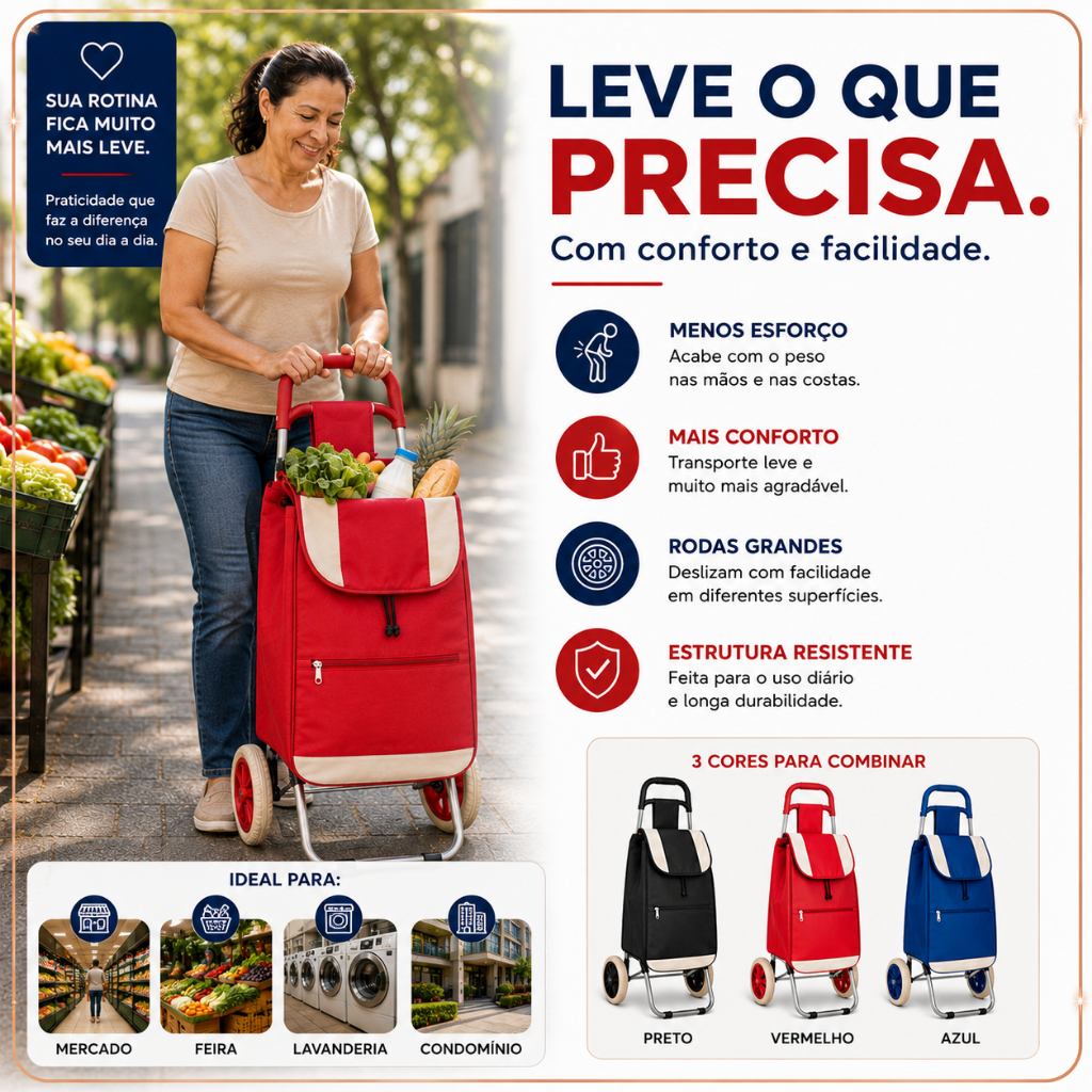 🛒 Carrinho de Feira Dobrável com Bolsa – 30kg | Sortido