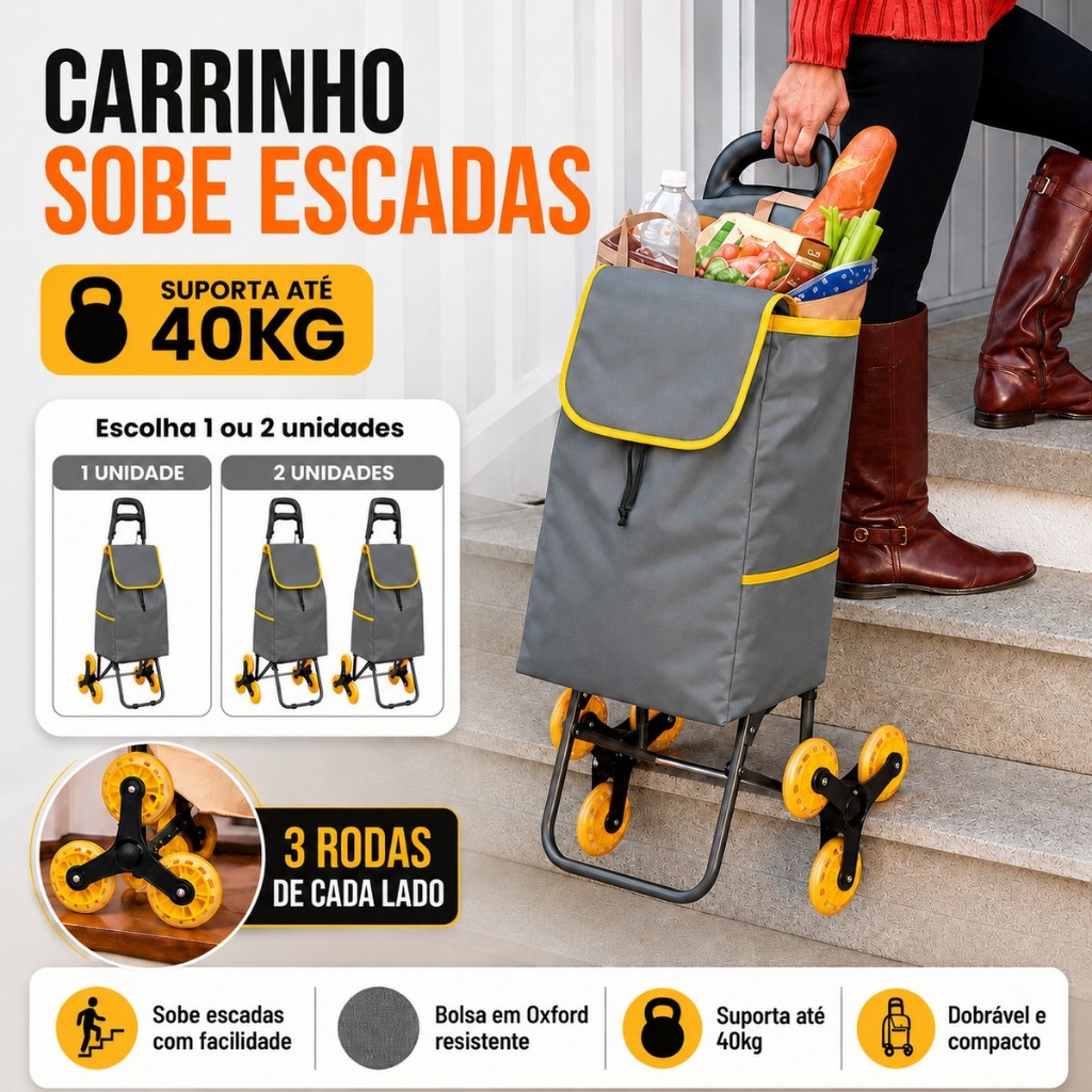 Carrinho de Carga 3 Rodas 40Kg Sobe Escadas Dobrável com Bolsa Removível para Compras Feira Mercado