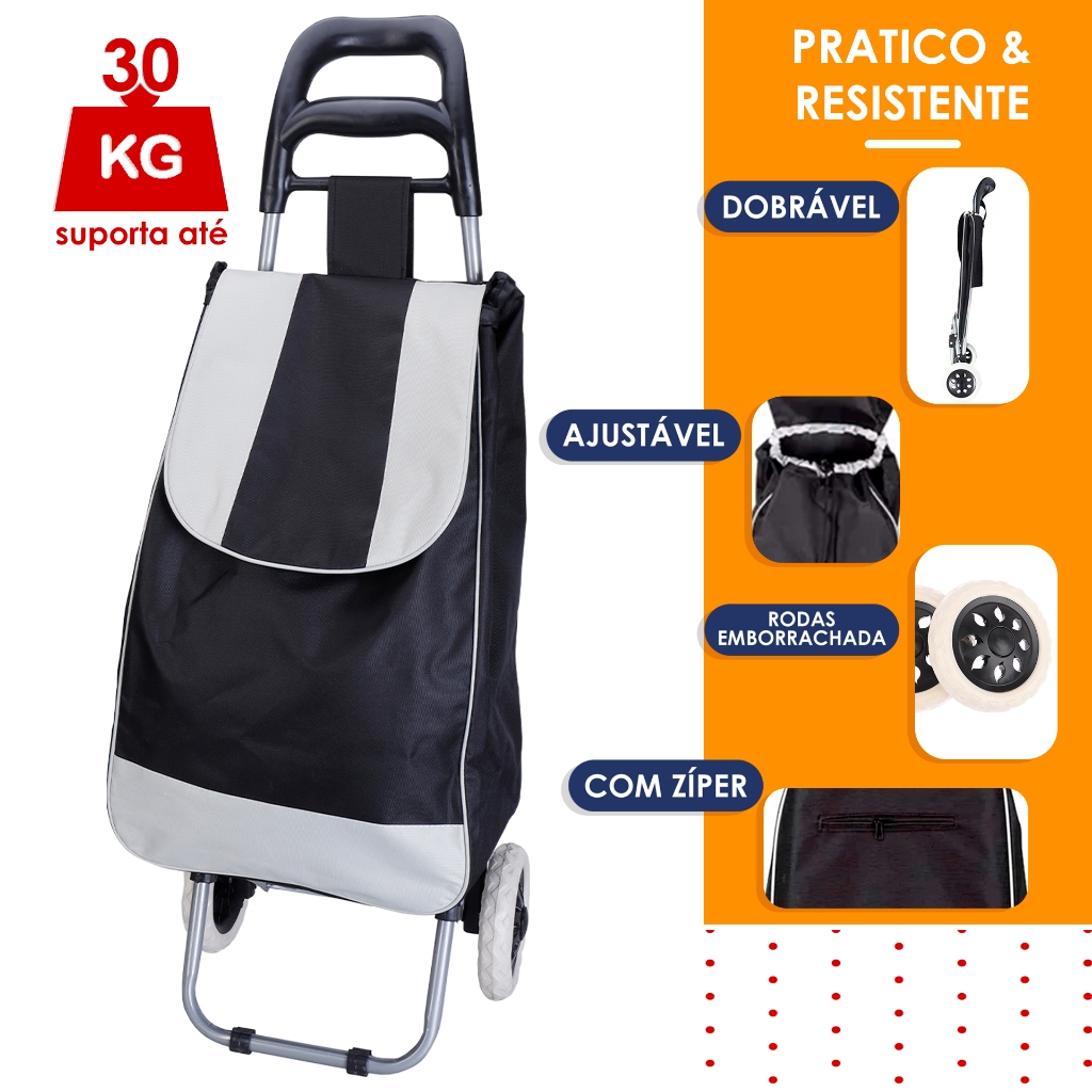Carrinho de Feira Dobrável Reforçado Até 30kg – Bolsa Removível e Rodas Reforçadas