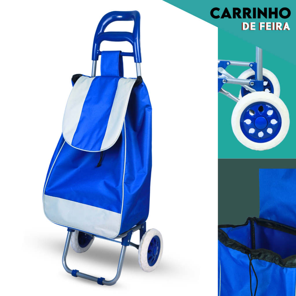 Carrinho De Feira Azul Dobrável Com Rodas - Carrinho De Mão - Compras, Feira, Sacola Ecológica | BN