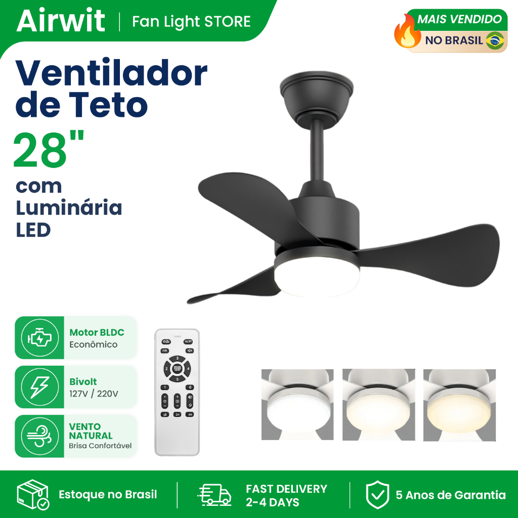 Airwit 28 inch 3 Pás Ventilador de Teto Com Luminária LED Econômico Silencioso 6 Velocidades Controle Remoto