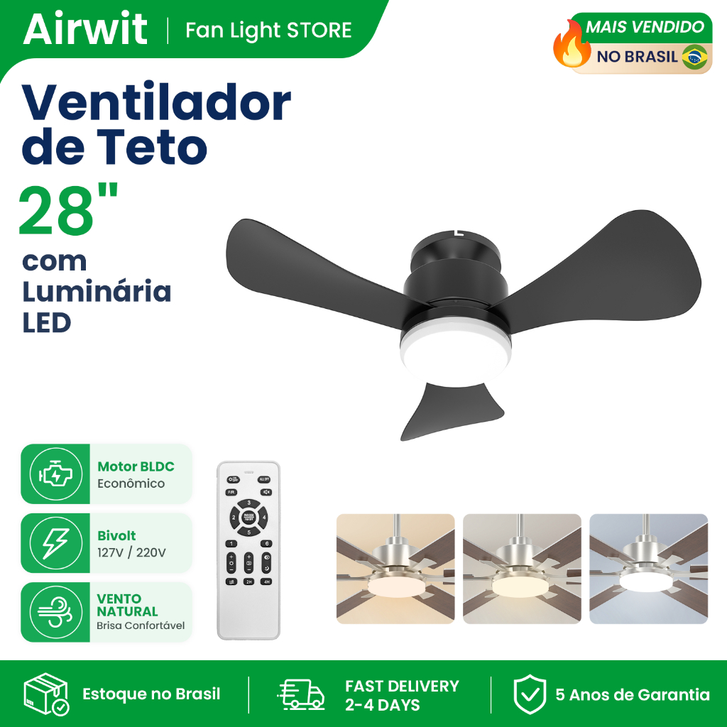 Airwit 28 inch 3 Pás Ventilador De Teto Com Luminária LED Motor BLDC Bivolt Controle Remoto LED Integrada Silencioso
