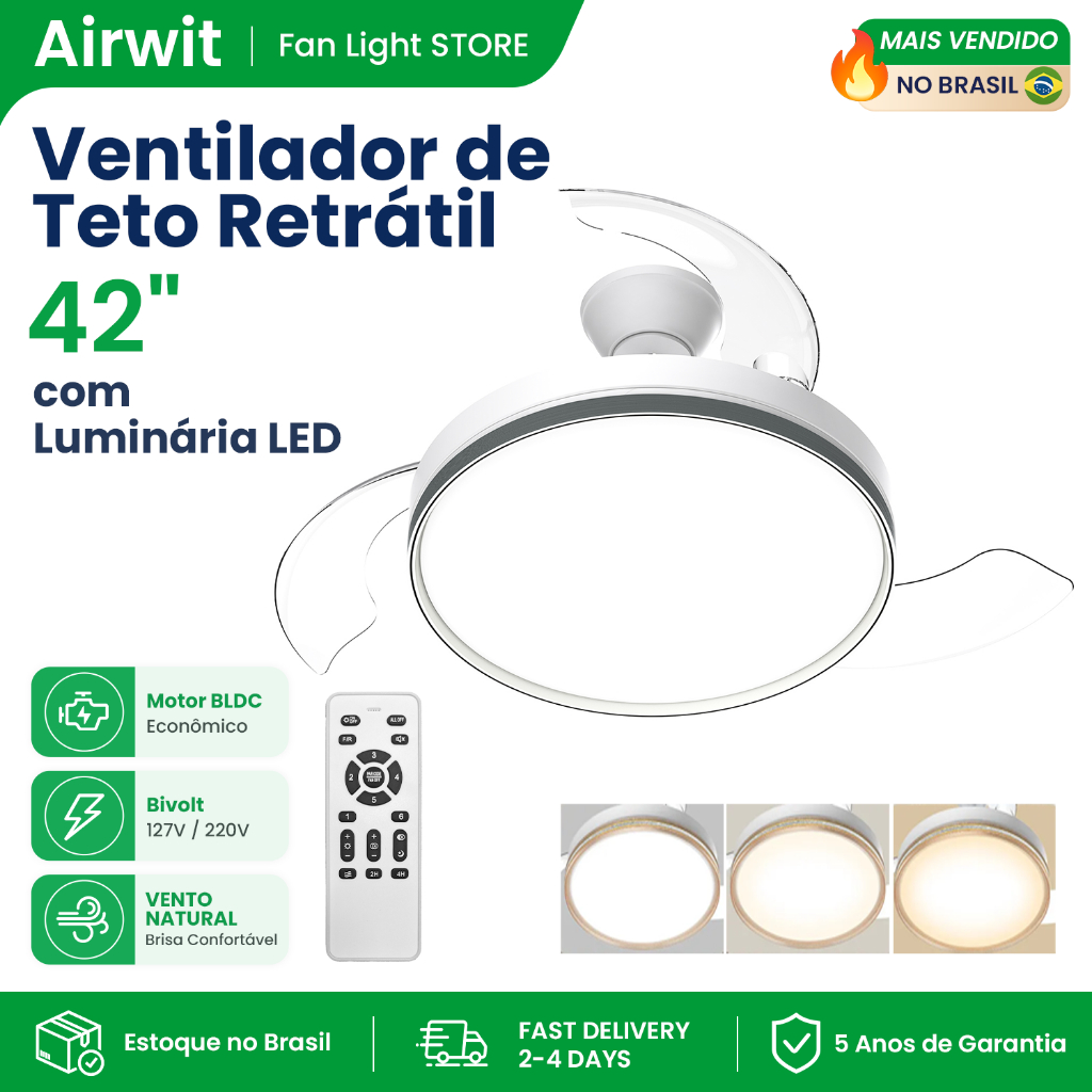 Airwit 42 Inch 3 Pás Ventilador De Teto Retráteis Com Luminária LED 6 Velocidades Controle Remoto 127/220 Volts