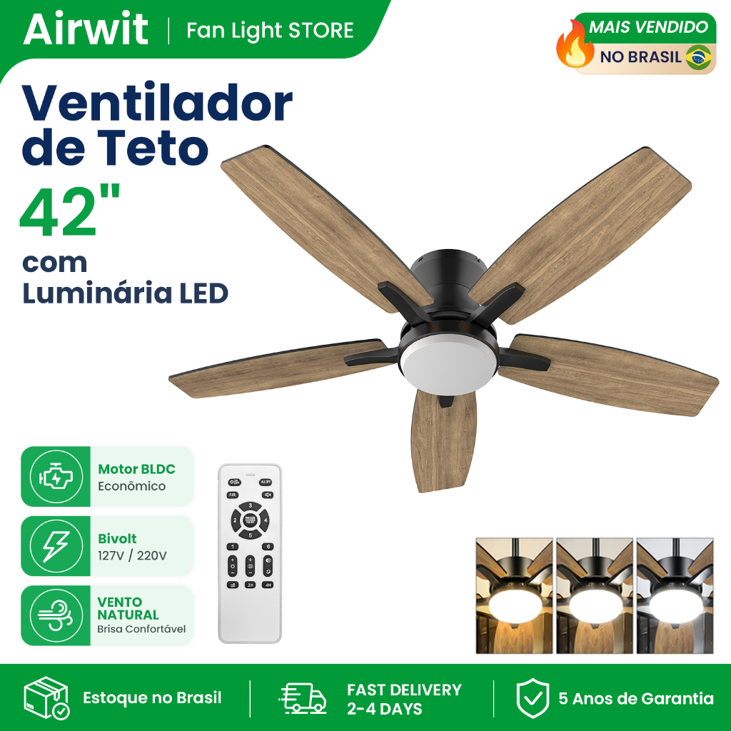 Airwit 42 inch 5 Pás Ventilador de Teto com Luminária LED 127/220 Volts Controle Remoto Silencioso Econômico