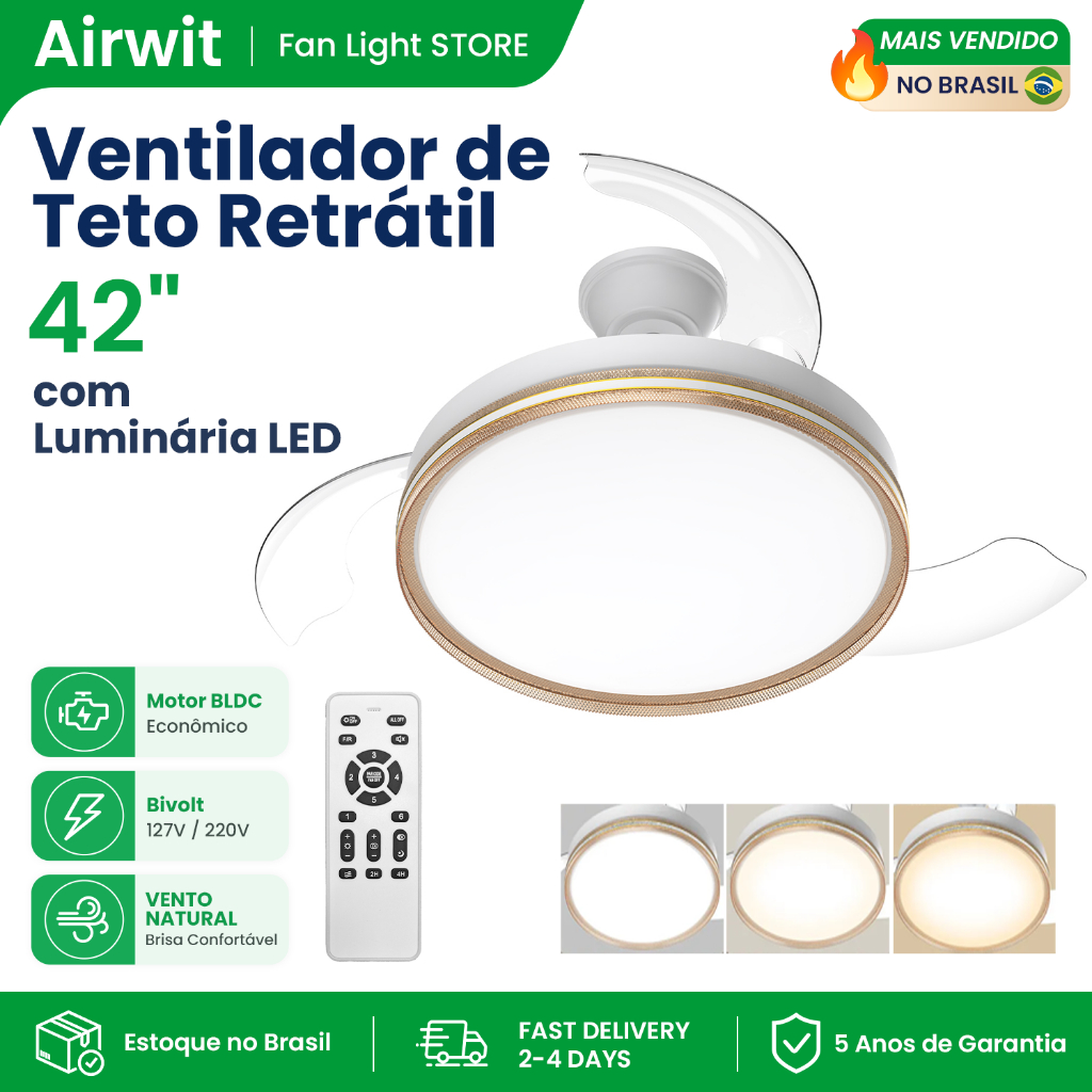 Airwit 42 Inch 3 Pás Ventilador De Teto Retráteis Com Luminária 5000lm LED 3 Temperaturas de Cor Controle Remoto
