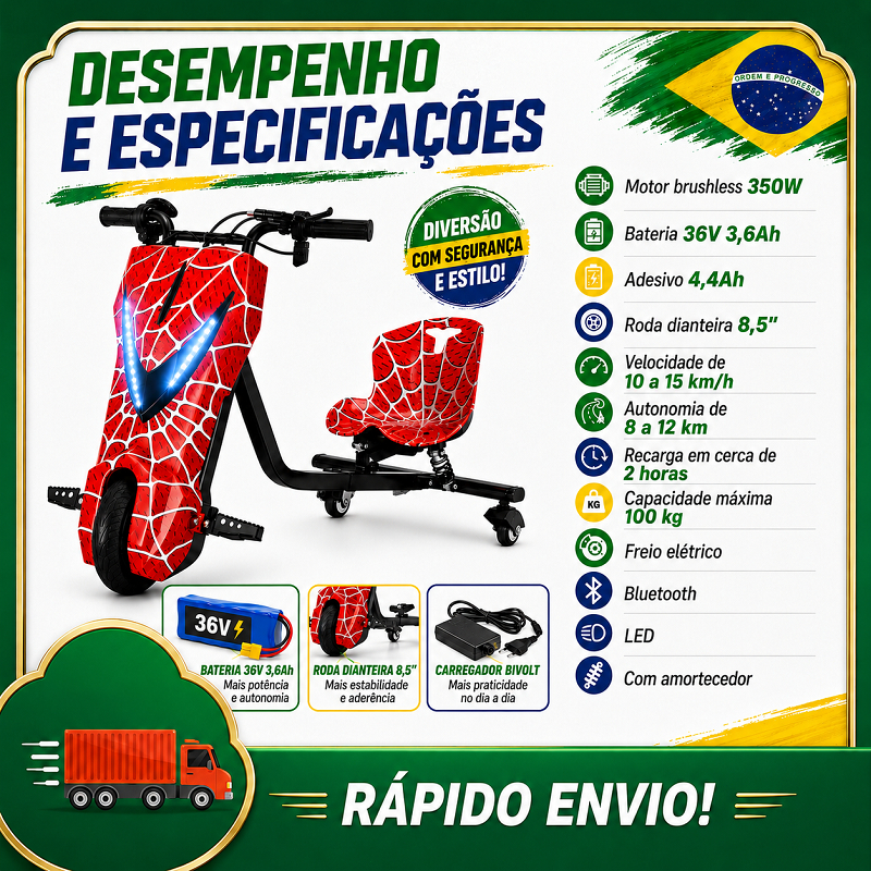 Electric Drift Tricycle 350W for Adults and Kids with 8-Inch Wheels, Bluetooth Speaker, LED Lights and 3 Speeds