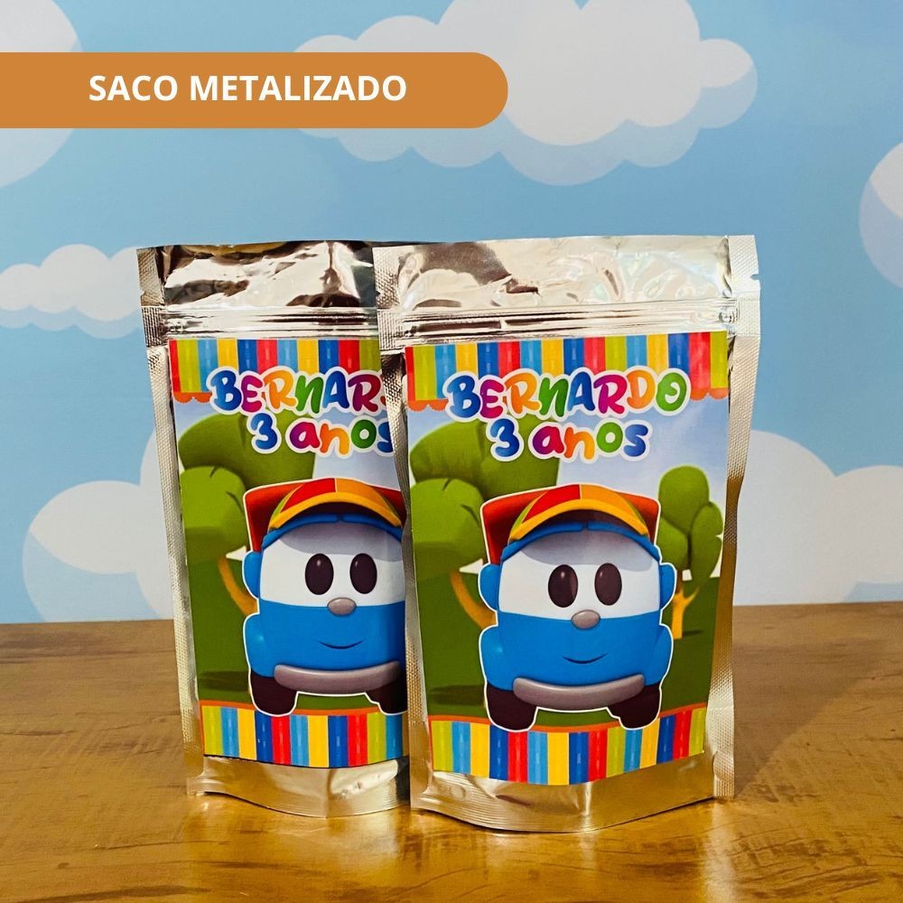 40 Saco Zip Lock Personalizado LÉO O CAMINHÃO Metalizado Lembrancinha