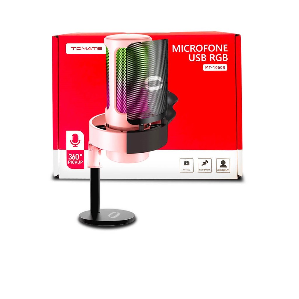 Microfone Condensador Gamer Rosa RGB USB-C C/ Suporte Stream Podcast PC PS4