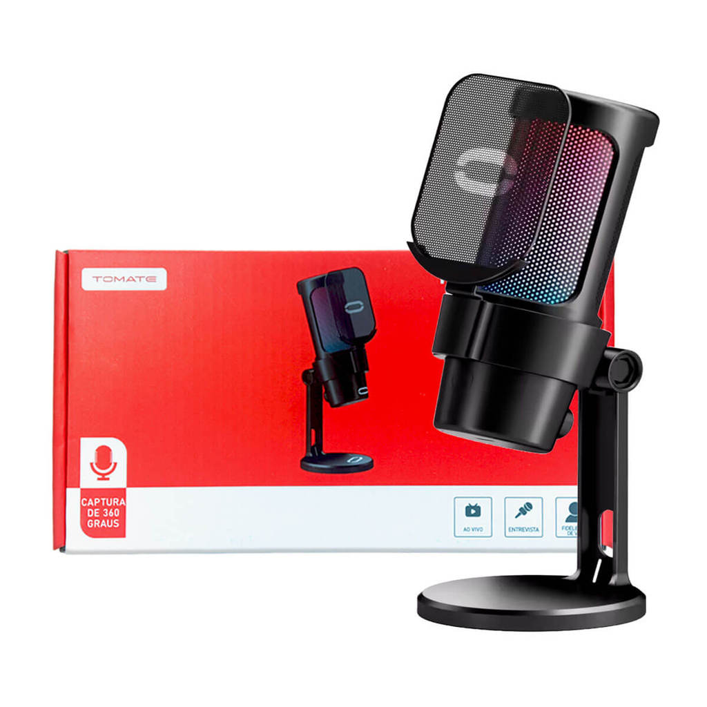 Microfone Gamer Condensador RGB USB-C Preto Profissional PC PS4 PS5 Stream Podcast