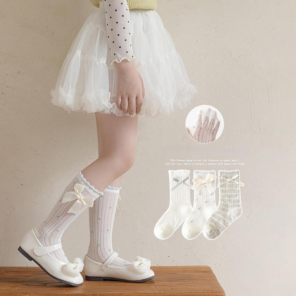 3 Pçs/Set Renda Malha Arco Crianças Meias Meninas Algodão Macio Plissado Estilo Princesa Joelho Verão Outono Fino Respir