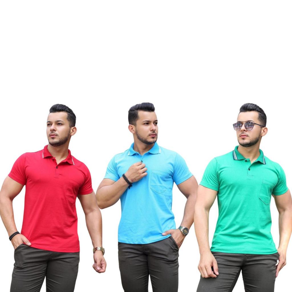 Kit 3 Camiseta Polo Fio 30 Com Bolso Algodao Manga Curta