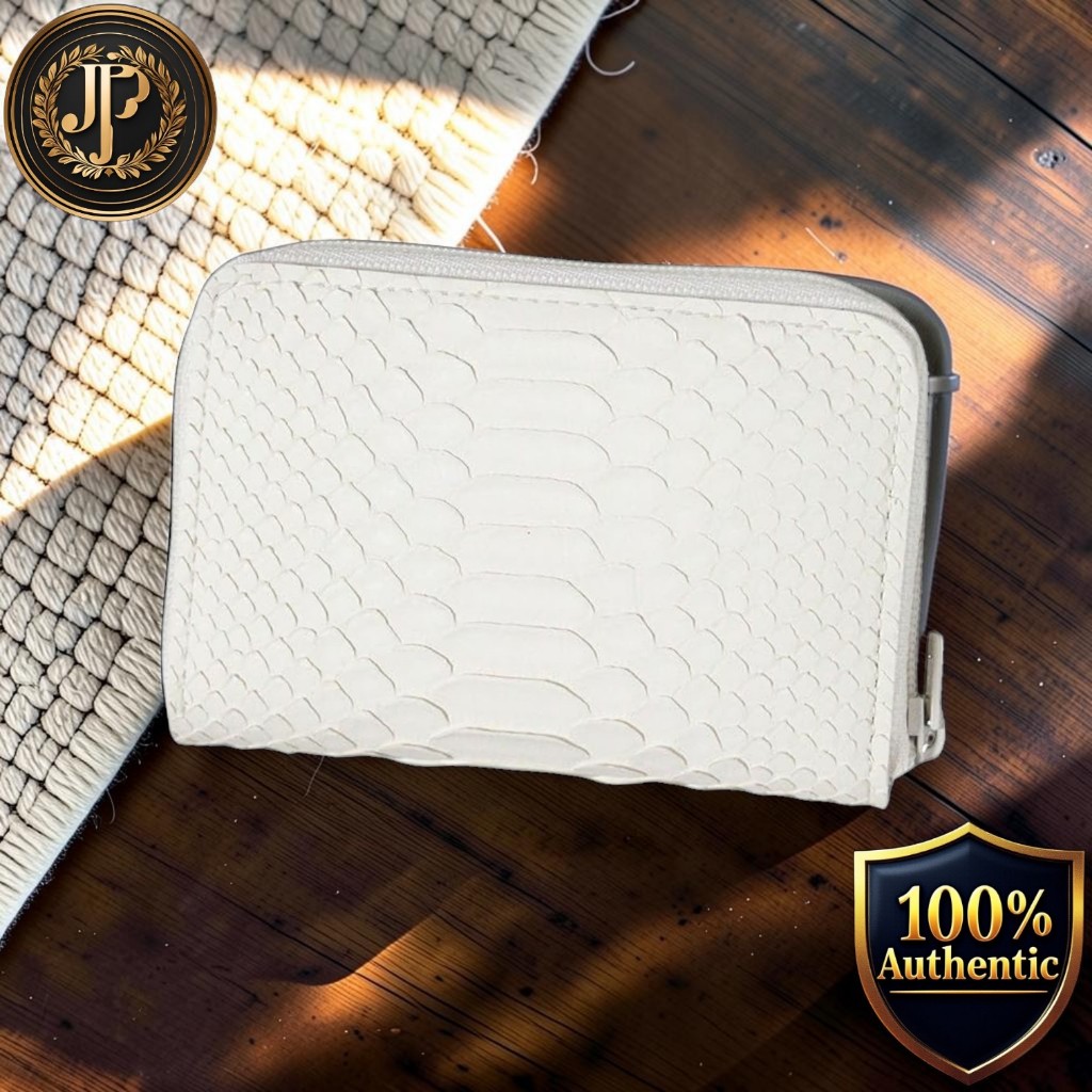 [BlissLeather] Diamond Python Snake Leather Coin Case (White), Zip-Around Mini Wallet with Card Slot