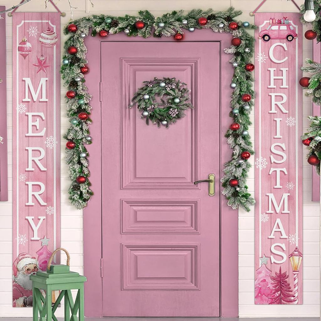 Pink Merry Christmas Porch Banner Sign, Xmas Tree Santa Claus Ball Truck Front Door Decorative Hanging Welcome Banners F