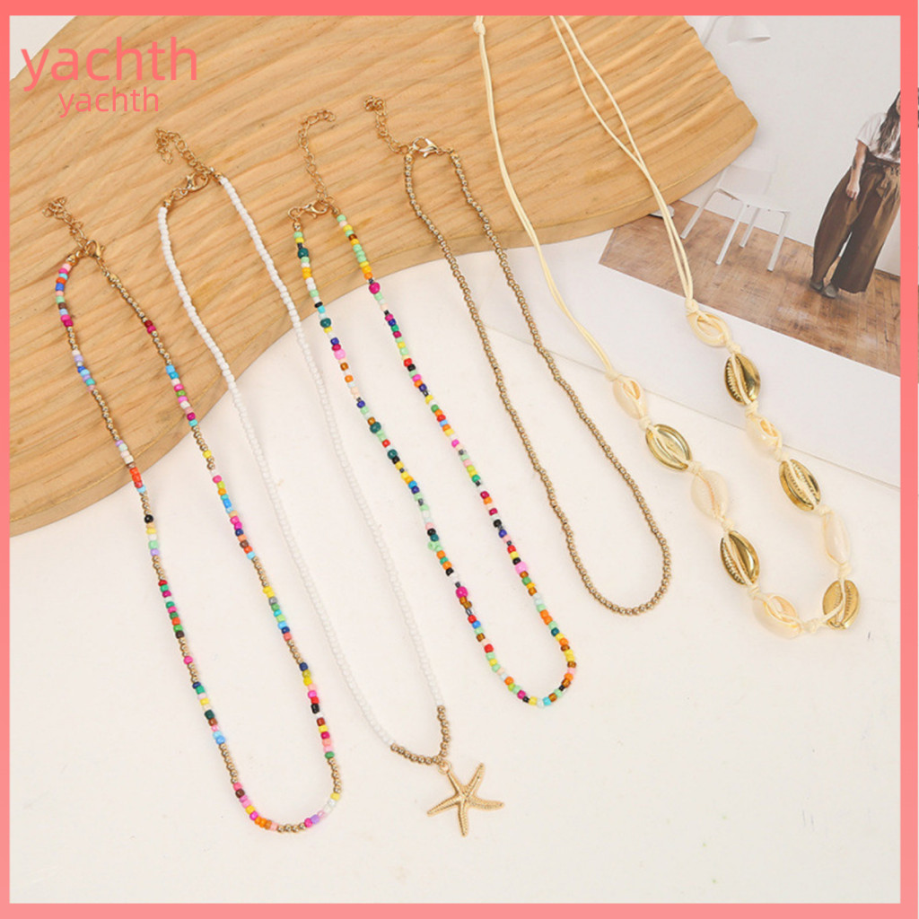 Multiple Necklace Set Colorful Beads 5pcs Boho Shell Beaded Necklaces for Women Adjustable Layered Beach Jewelry Starfis