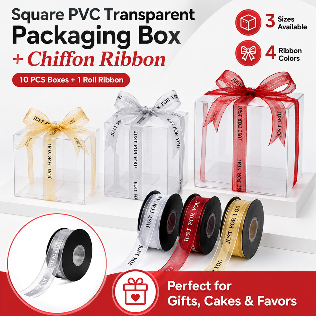 Clear Square PVC Gift Box Set – 10-Pack with Chiffon Ribbon, 8/9/10cm Cubes in Multiple Colors for Elegant Gift Wrapping