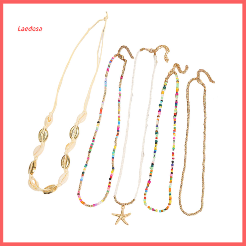 Multiple Necklace Set Beach Style Jewelry 5pcs Boho Shell Beaded Necklaces for Women Adjustable Layered Starfish Ocean V