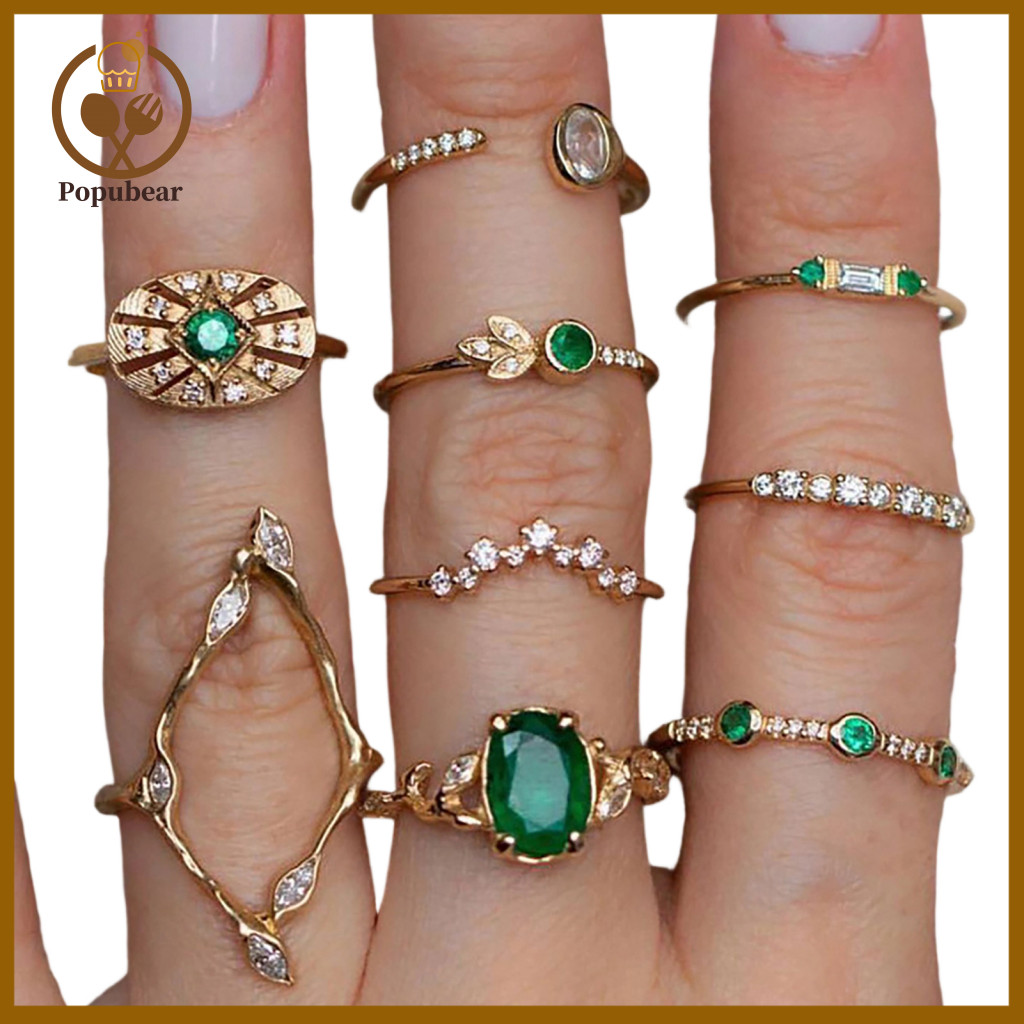 Multiple Rings Set Stacking Ring 9pcs Women Adjustable Stackable Styles Finger Bands with Green Rhinestones Inlay Trendy