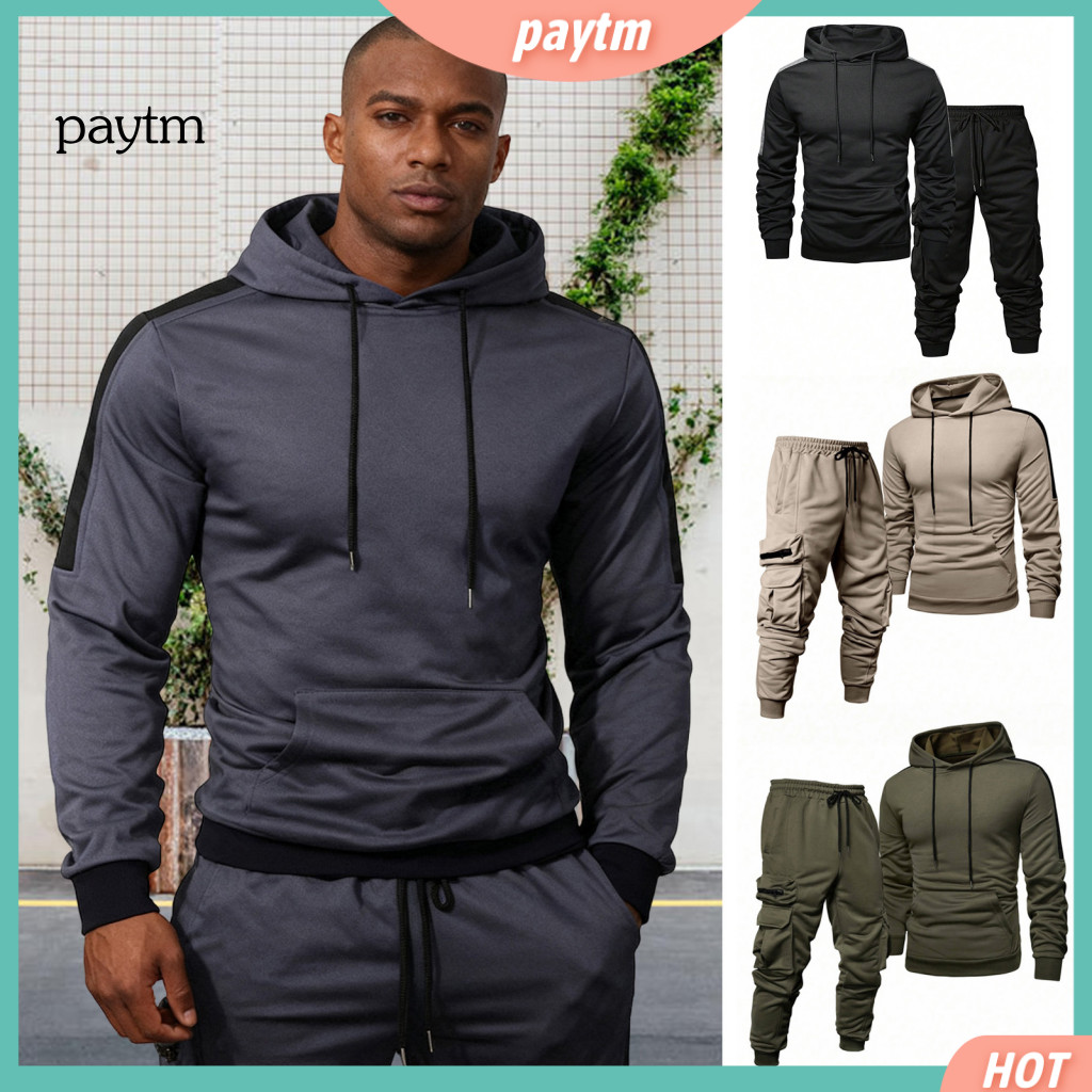 Hooded Tops Bottoms Set Pants with Multiple Pockets 2pcs Men Tracksuit Sweatshirt Multi-pocket Jogger Long Sleeve Sports