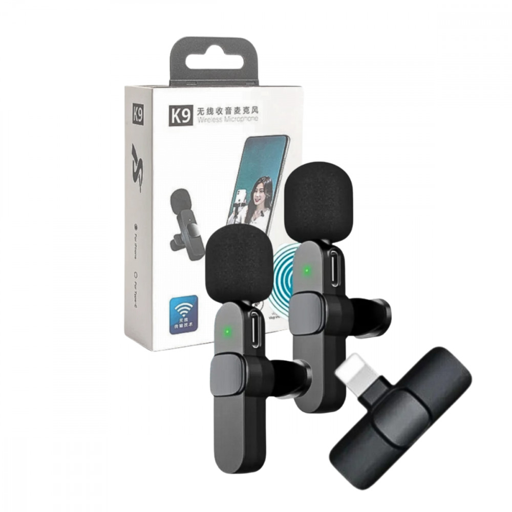 Microfone Condensador Duplo de Lapela Wireless Lightning Sem Fio 2.4GHZ K9-IP-2IN1