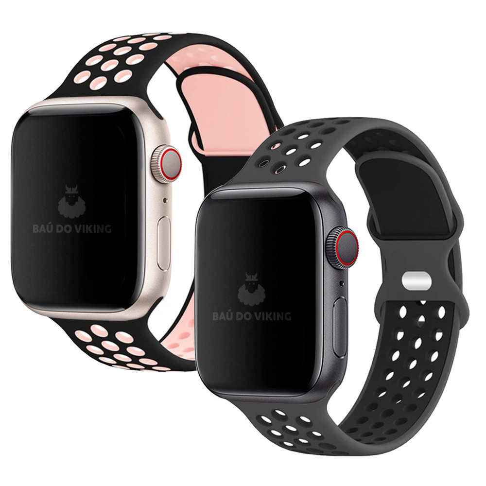 Kit com 2 Pulseiras Silicone Furos Fecho Duplo Preto Rosa e Preto Compatível com Apple Watch