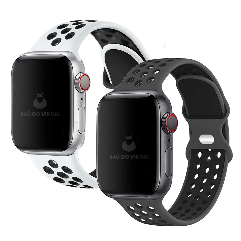Kit com 2 Pulseiras Silicone Furos Fecho Duplo Preto e Branco Preto Compatível com Apple Watch