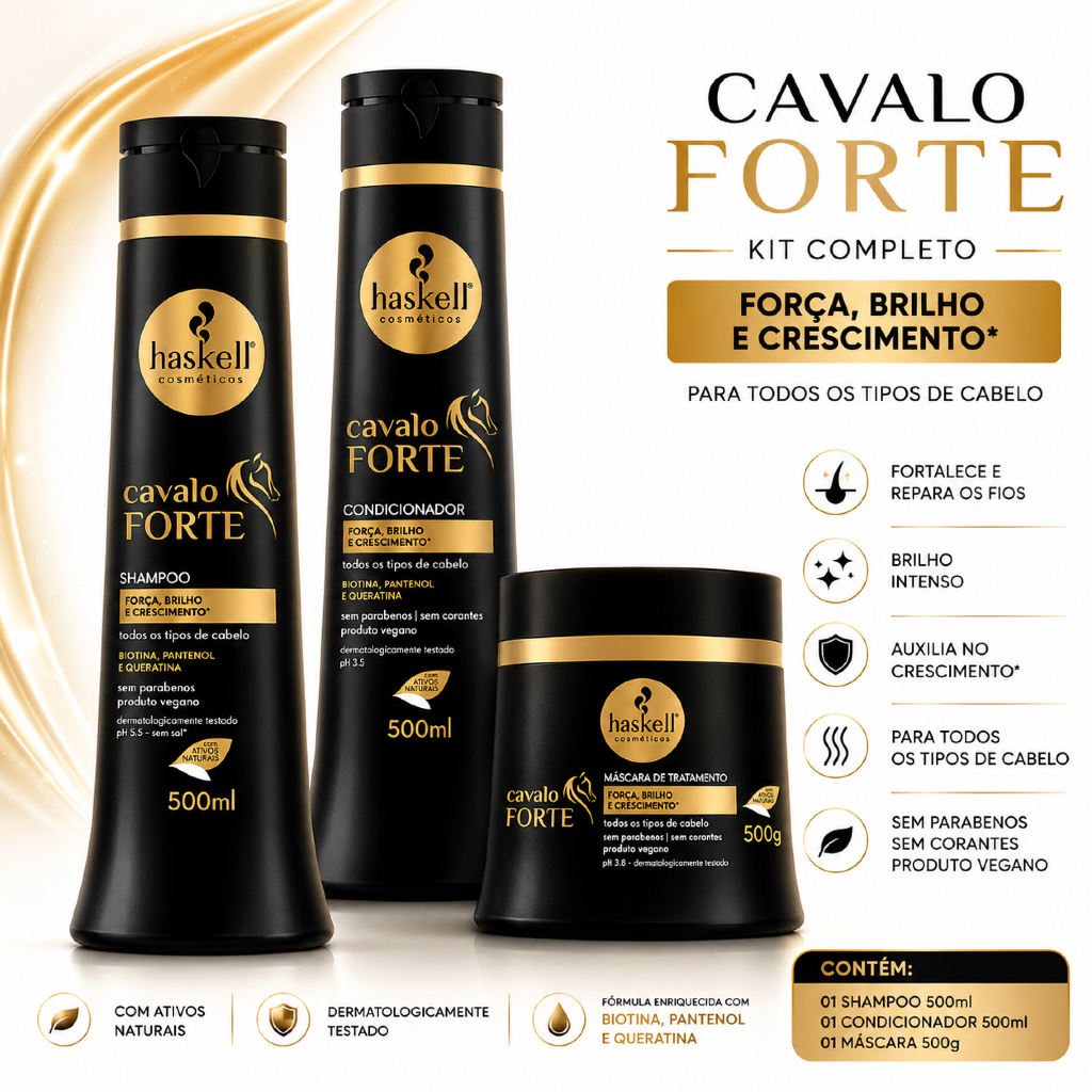 Kit Cavalo Forte Haskell Shampoo Crescimento capilar Condicionador e Mascara de Hidratação 500g