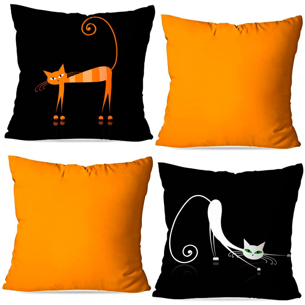 Kit Capas de Almofadas Decorativas OXFORD 45X45 – Gatos Amarelo Estampa Frente e Verso com Zíper Invisível  Linda Decor