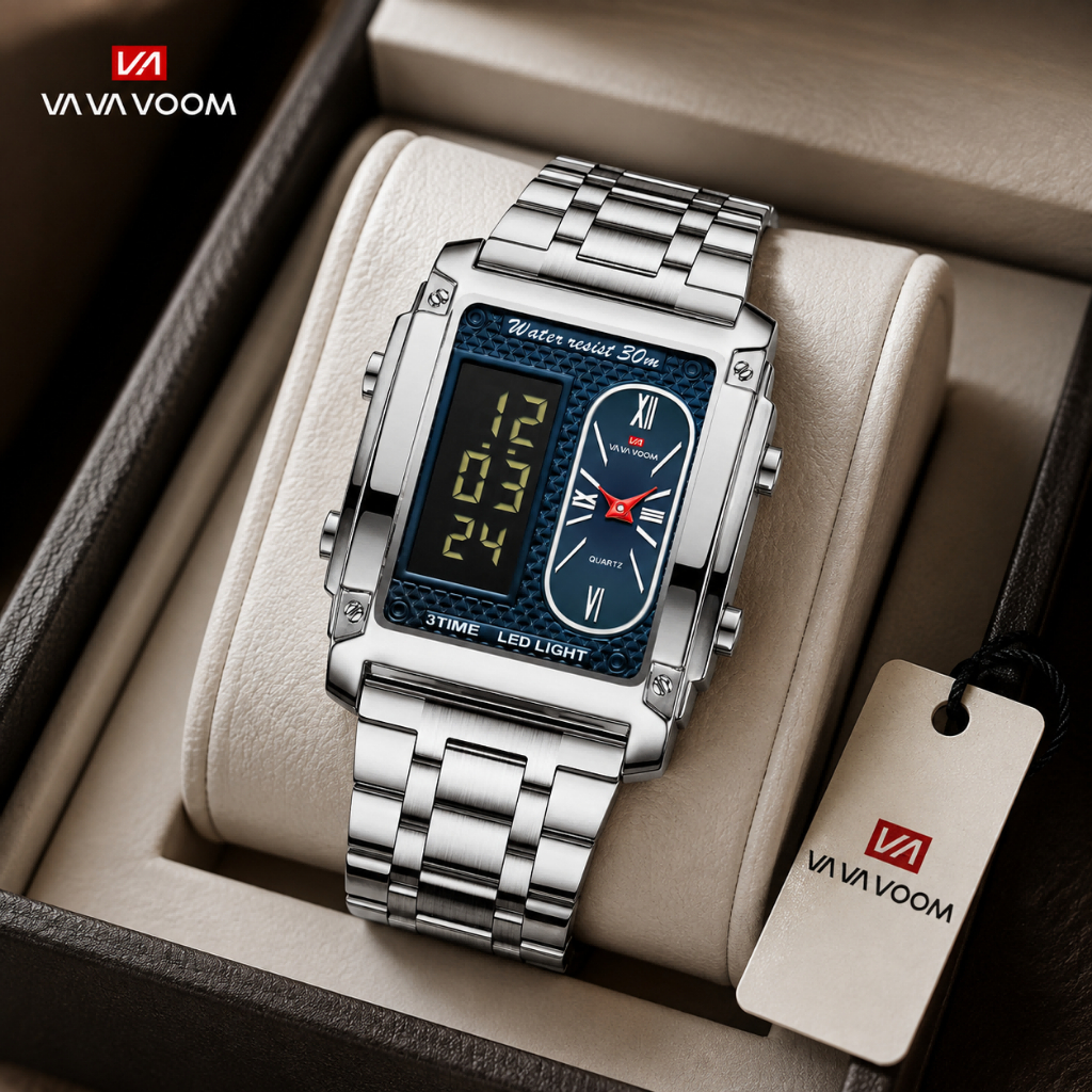 VAVAVOOM Men Luxury Digital Watch Stainless Steel Waterproof 30M LED Light Dual Display Quartz Sport Wristwatch Fashion