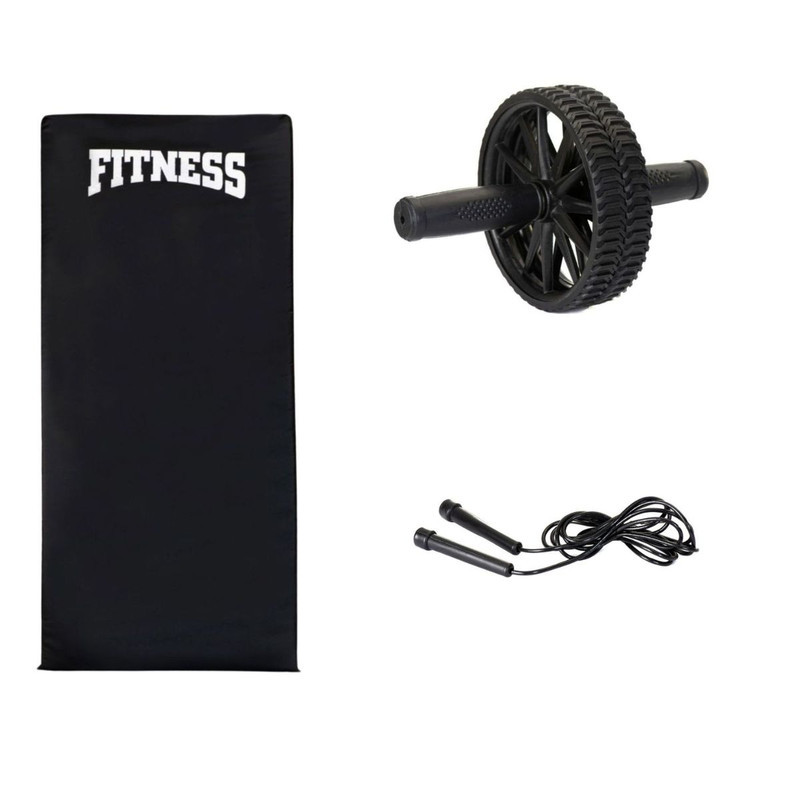 Kit 3 Fitness Roda + Corda + Colchonete Exercícios Abdominal Funcional Treino