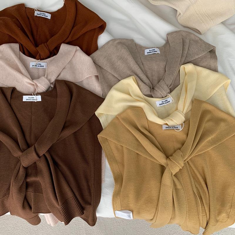 [Jack & Nina] Xale feminino jaqueta curta moda Wear coreano ins recomendado All-Match leite chá cor bege decoração malha