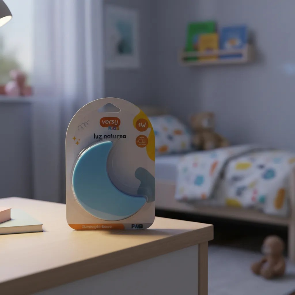Luz Noturna Infantil Luminária LED Lua 8x6,3cm Plástico Branco Tomada Botão On Off Quarto Criança