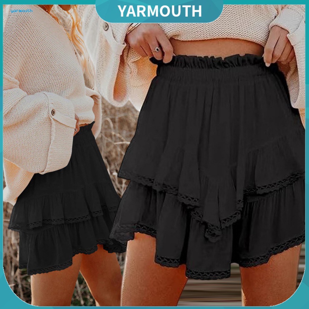 Comfortable High-waisted Skirt Mini for Women Hollow Crochet Design Double Layer Ruffle Hem Solid Color Cake – Stylish