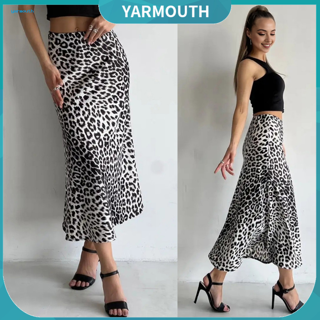 Satin Long Skirt High-waisted Women’s Leopard Print Maxi High Waist Elastic A-line Stylish Spring Autumn Commuting Dre
