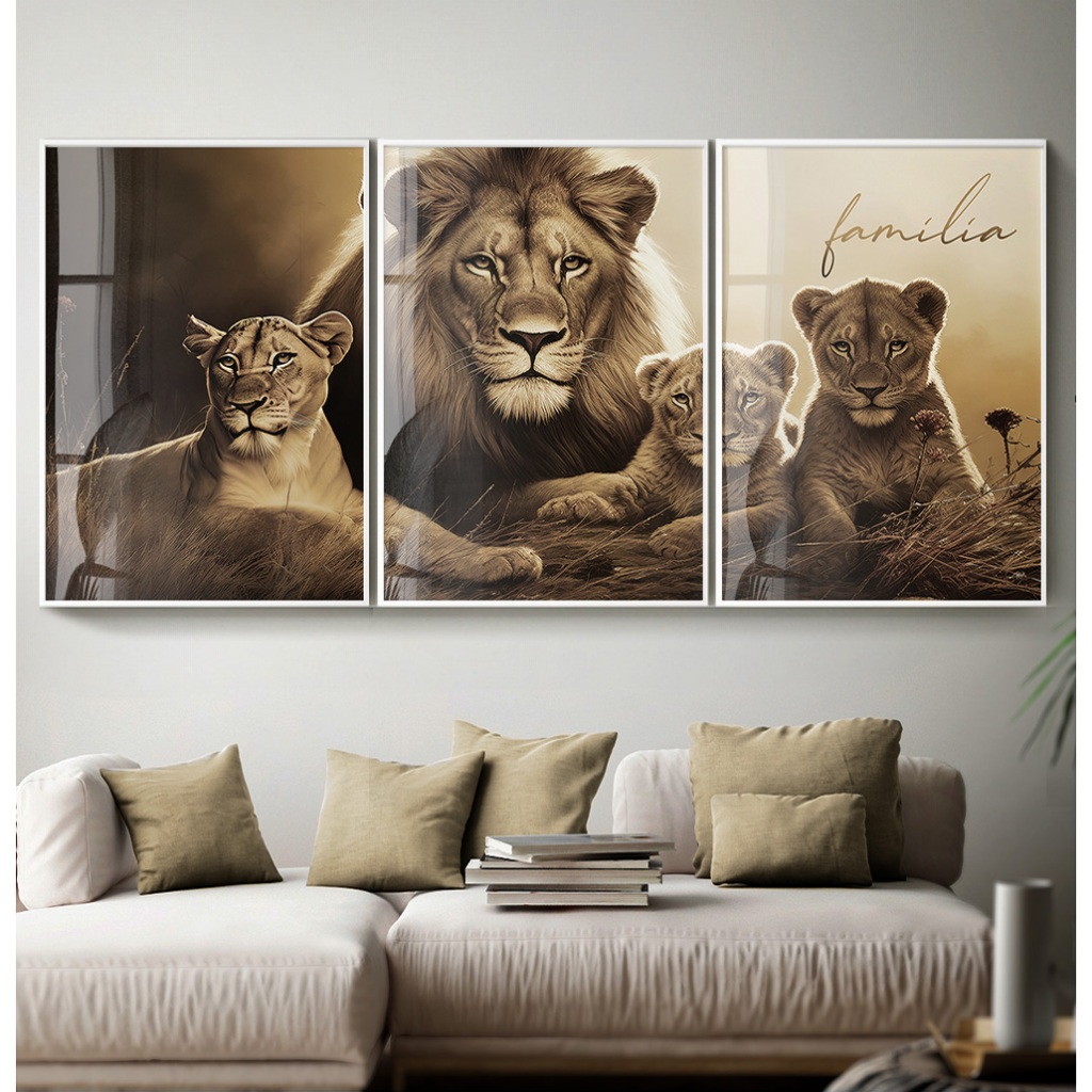 Quadro Leão Família Quadro Com Moldura Quadro Decorativo Sala Quarto Casal Leões E Filhotes Trio