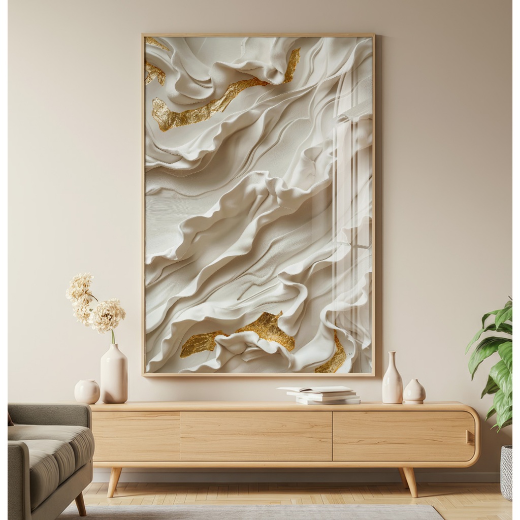 Quadro Decorativo Com Moldura Filete E Vidro Sala Quarto Escritório Abstrato Layers White Gold River