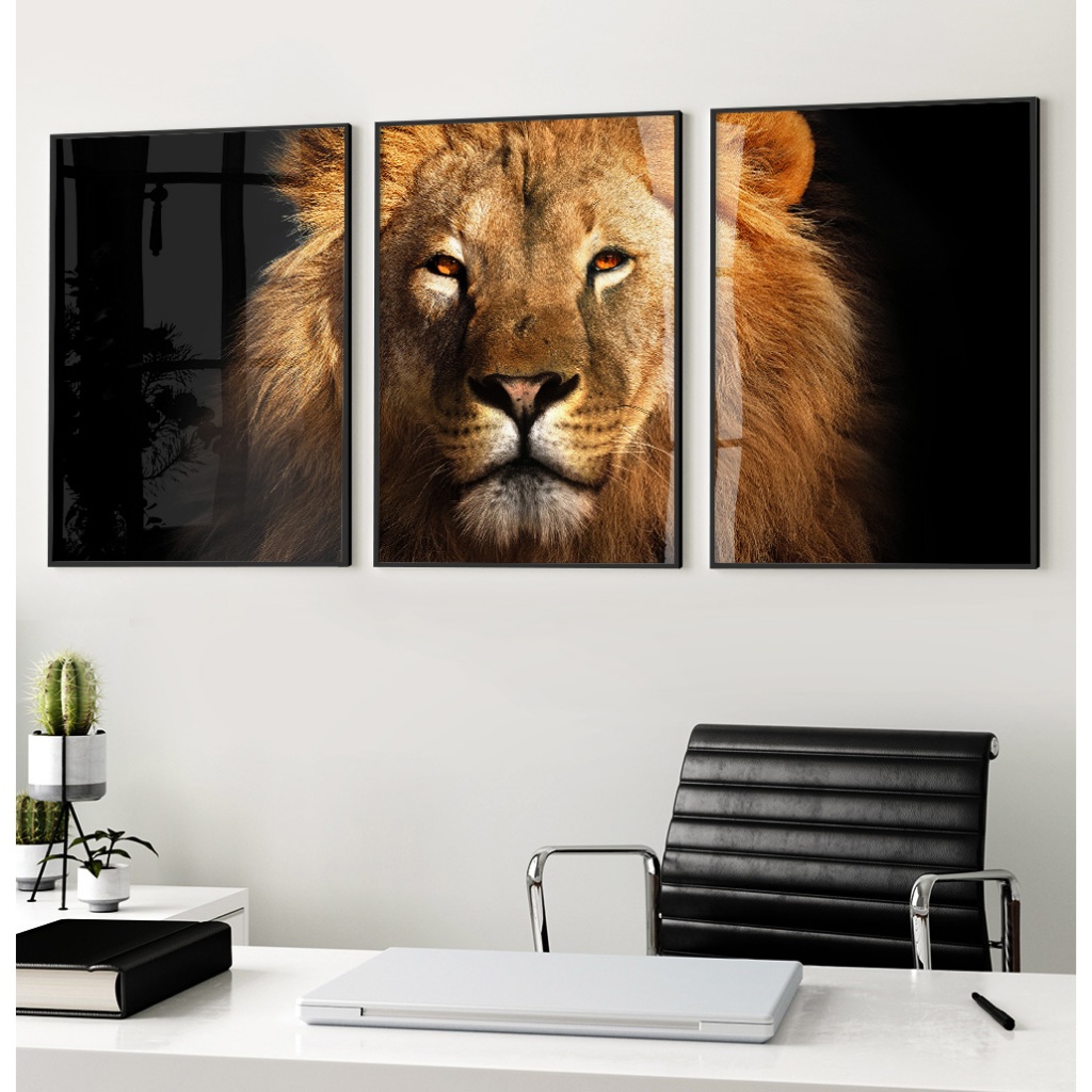 Quadro Leão de Juda Grande Quadro Com Moldura Vidro Quadro Decorativo Sala Escritório Frontal Trio