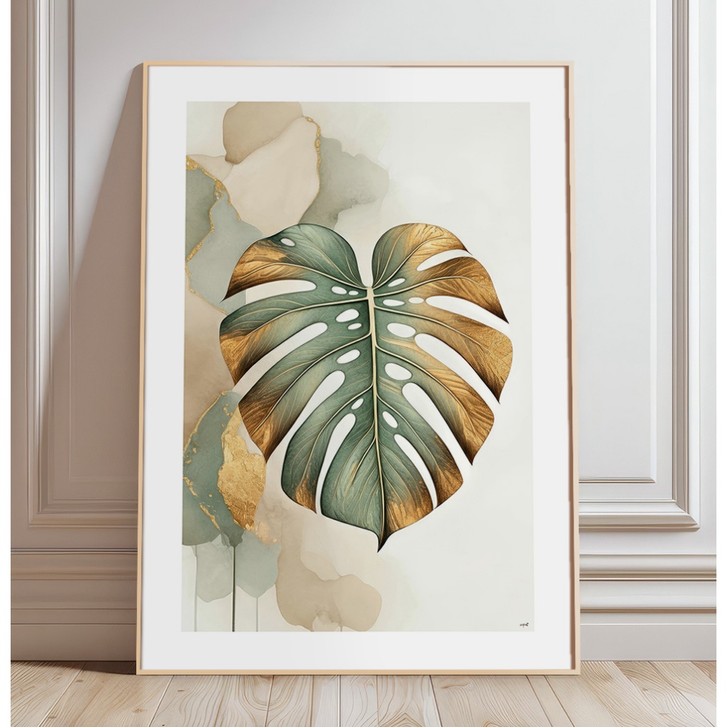 Quadro Decorativo Grande Com Moldura Filete E Vidro Sala Quarto Abstrato Costela De Adão Em Aquarela