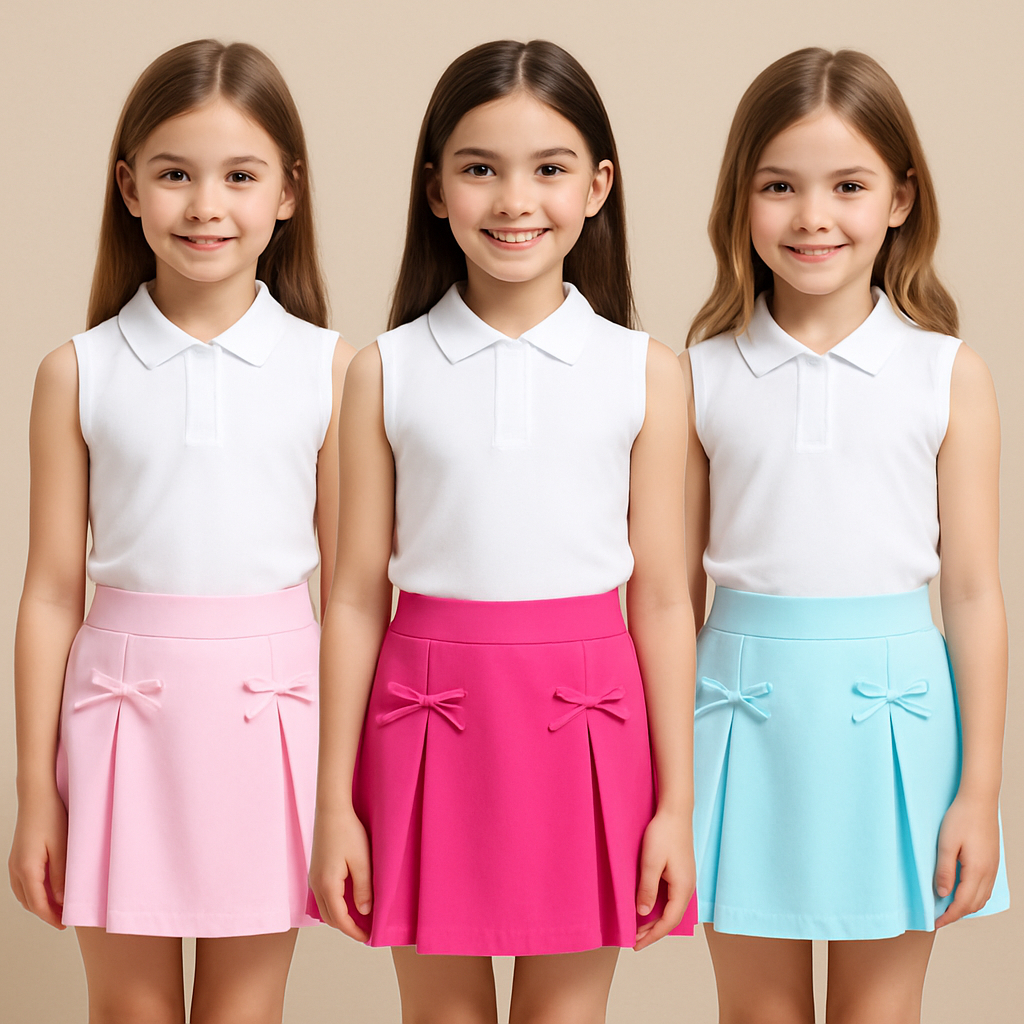 CONJUNTO INFANTIL MENINAS SAIA LAÇO  MAIS BLUSA  GOLA ESTILO POLO