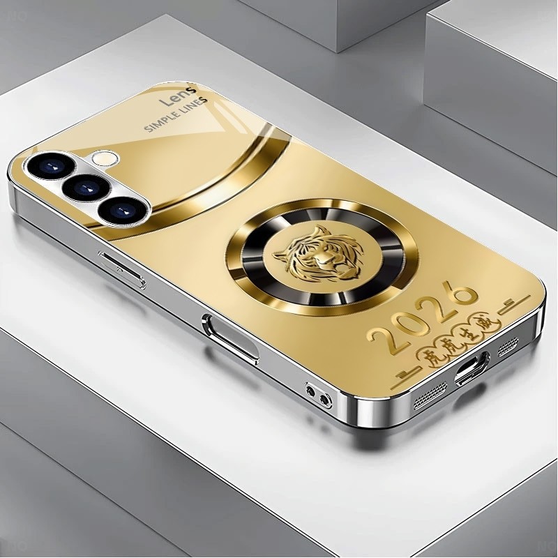Capa De Telefone De Vidro Com Moldura Banhada De Luxo Golden Tiger Horse Para Samsung Galaxy S22 S23 S24 S25 Ultra A22 A