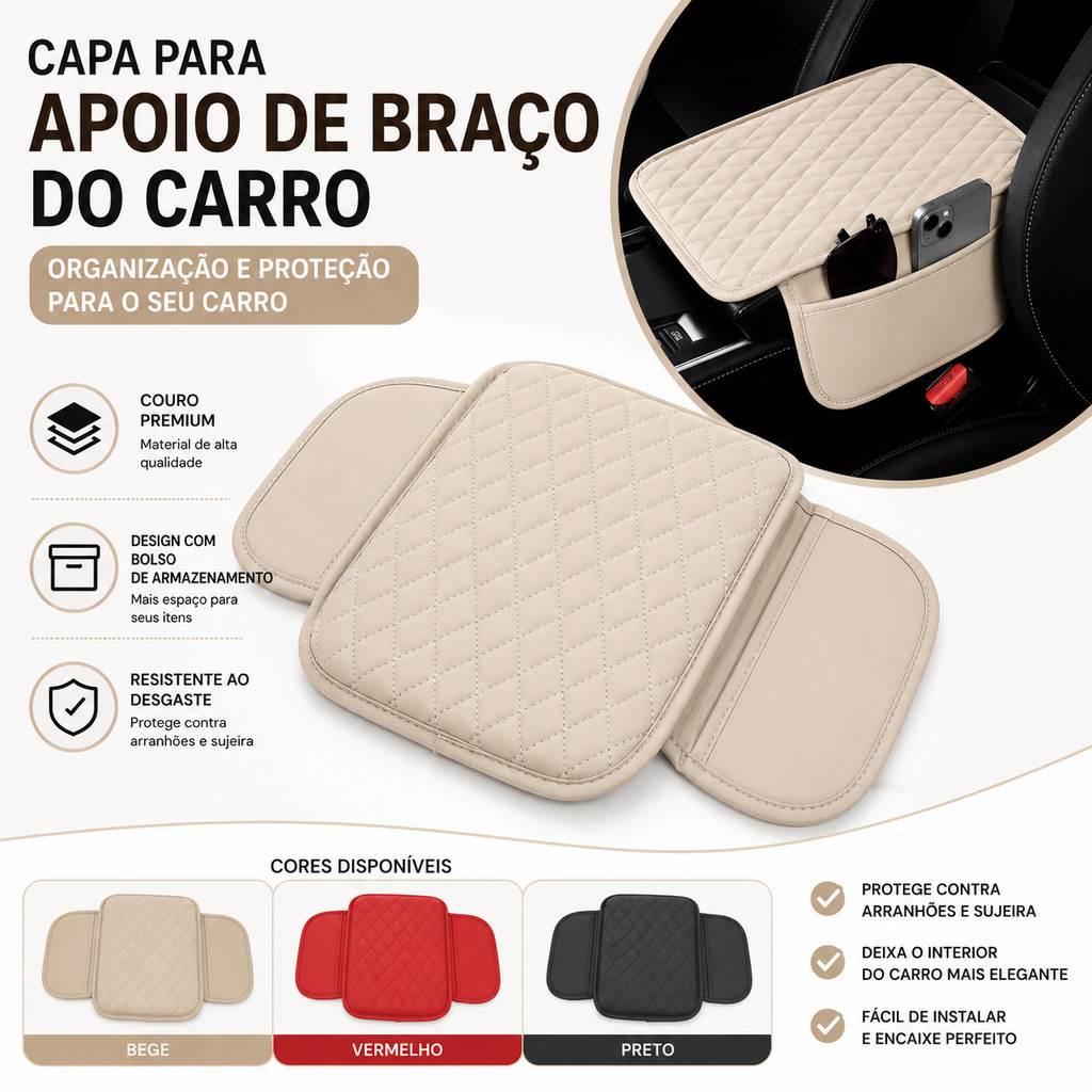 Capa Console Central Carro Apoio de Braço Estofada Diamante Universal Luxo