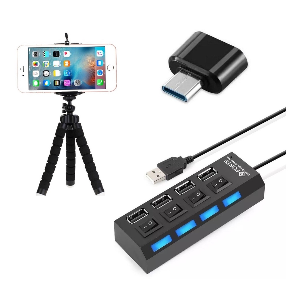 Hub 4 Portas Usb Para Celular + Adaptador Otg Usb C + Suporte Tripé Selfie Kit Mobilador Gamer