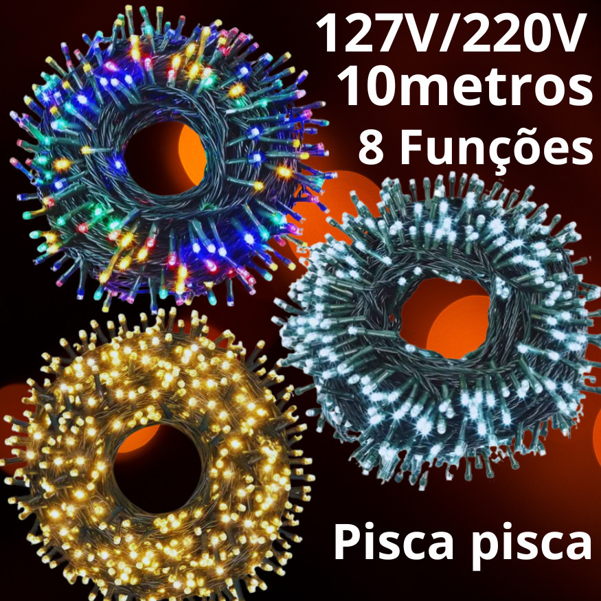 Pisca Pisca Enfeite Natal C/ 100 Leds 10m 8 Funções 127v/220v Fio Verde