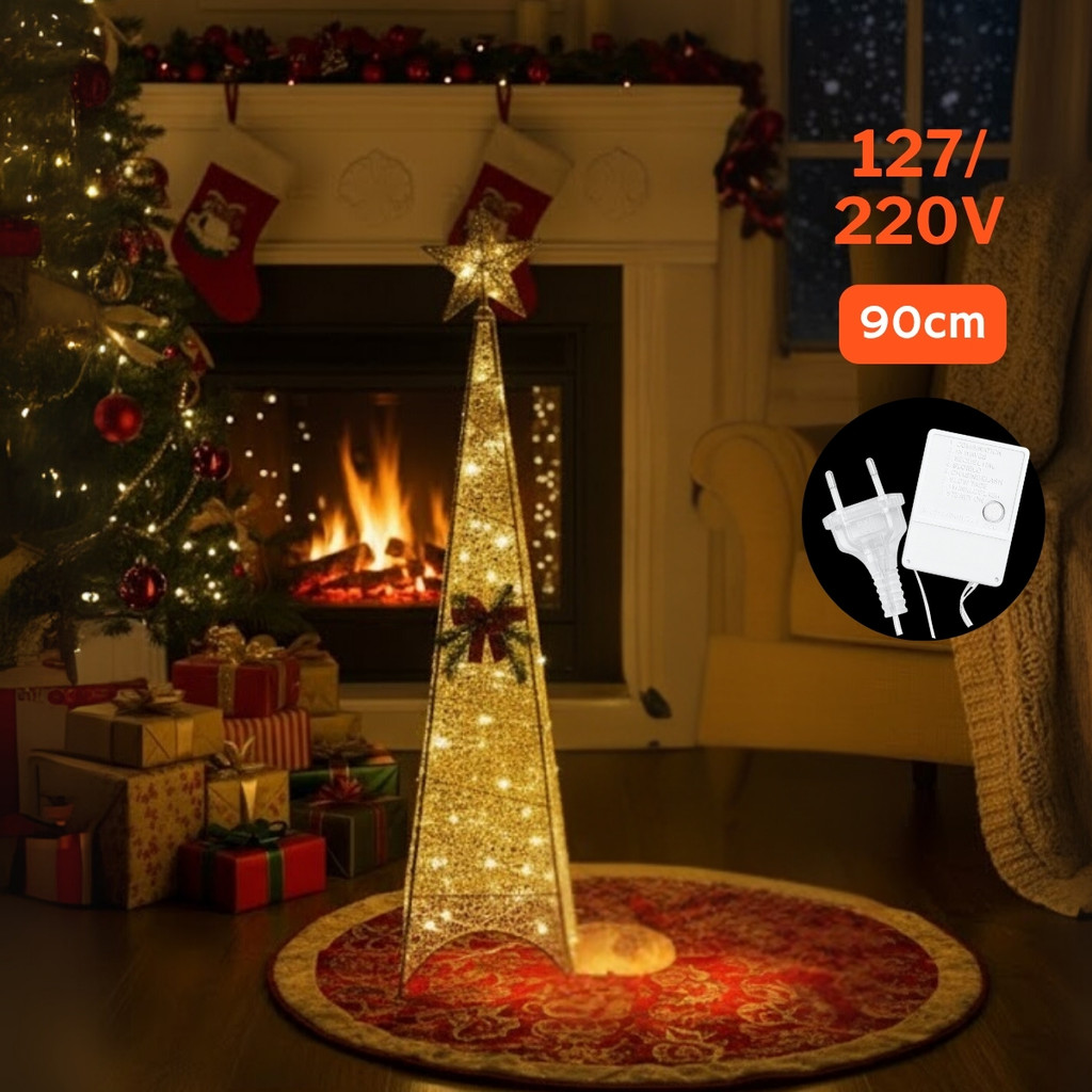 Árvore de Natal Aramada 90cm Bivolt 127V / 220V Enfeite Natalino Com Pisca Pisca 8 funções
