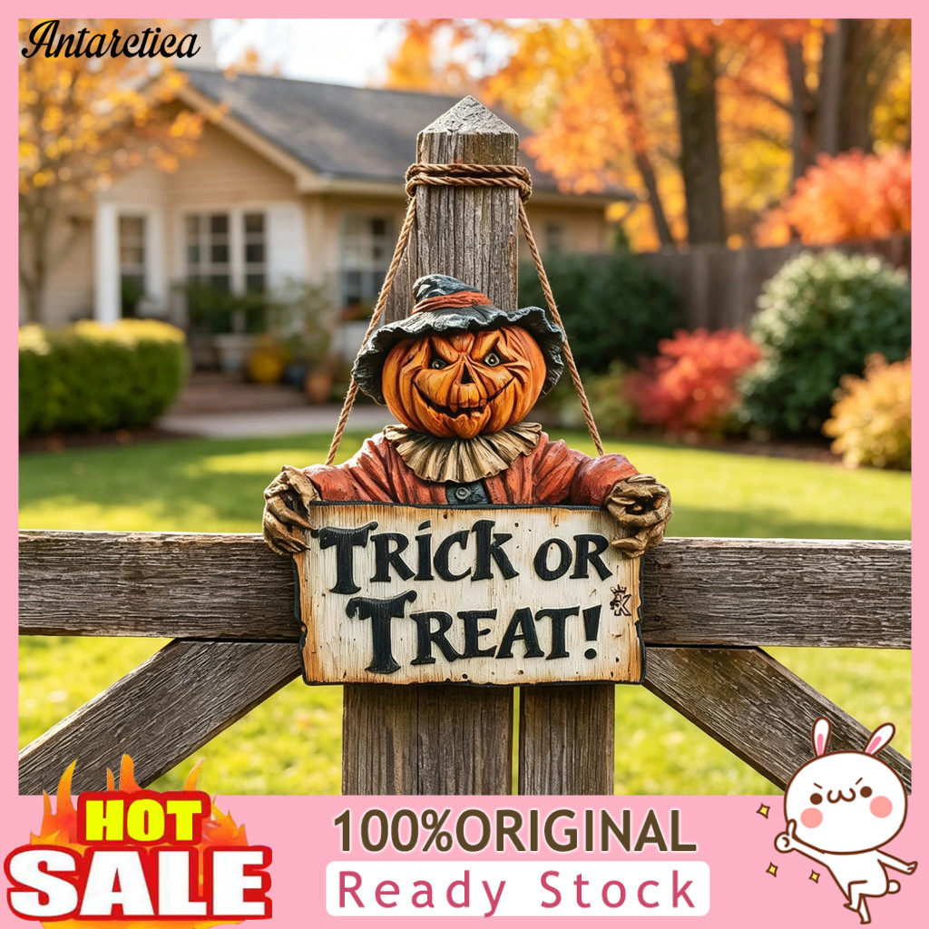 Trick or Treat Wooden Signs Decorative Wood Plaques for Porch Halloween Door Sign with Pumpkin Design Vintage Hanging De